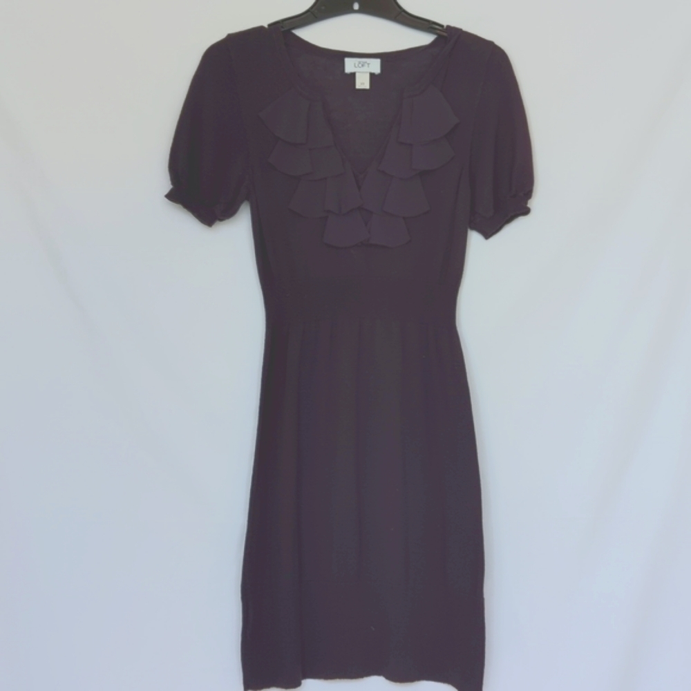ANN TAYLOR LOFT | Ruffle V-Neck Soft Knit Purple Deep Eggplant Dress